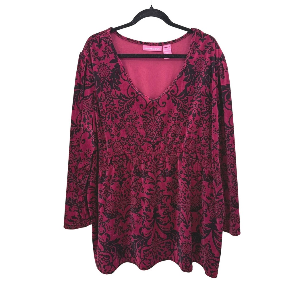 Woman Within Plus Size 2X Pink Black Damask Velour Long Sleeve V Neck Tunic Top